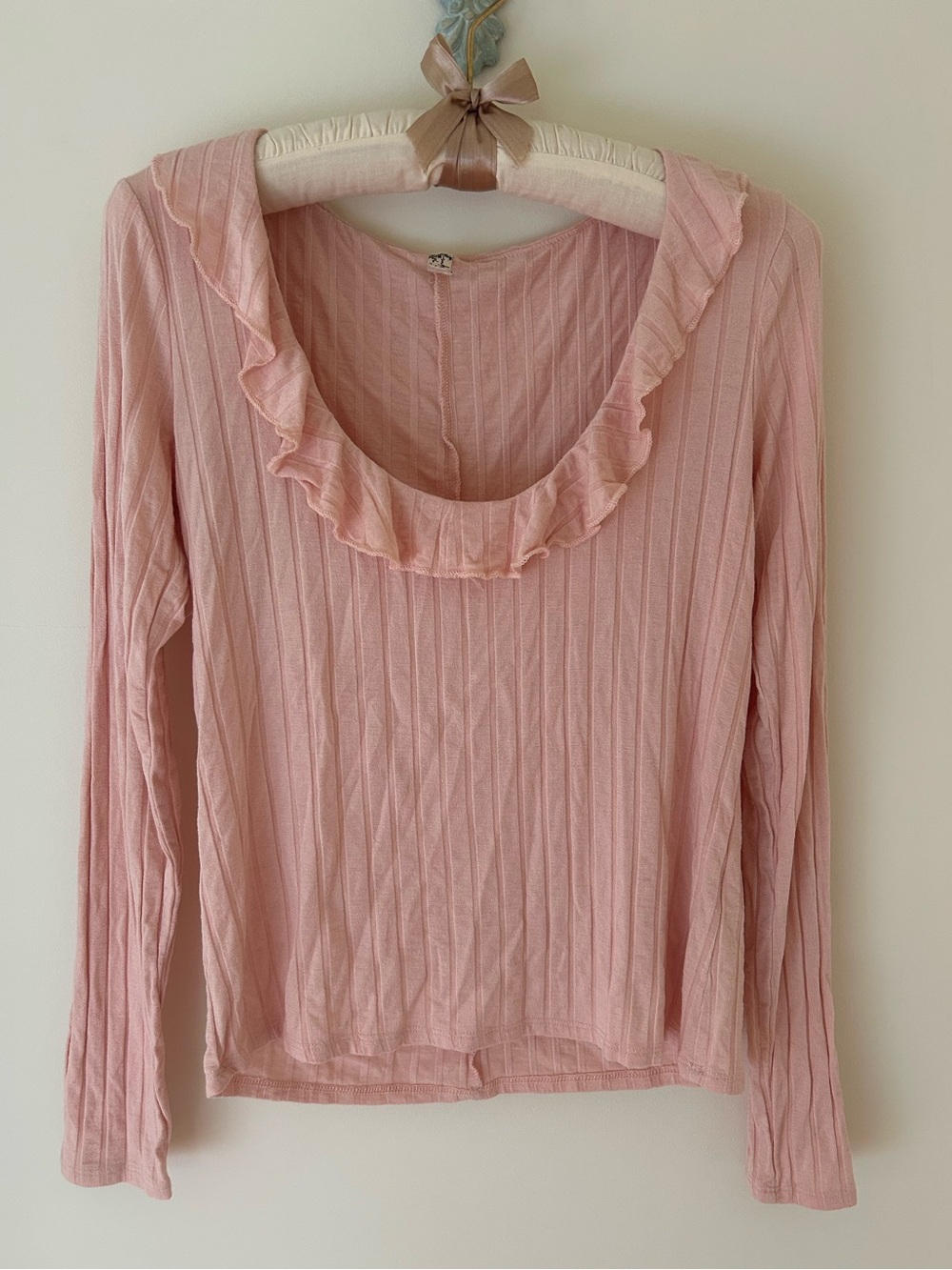 Intimately Blush Pink Ribbed Knit Top with Ruffle Neckline